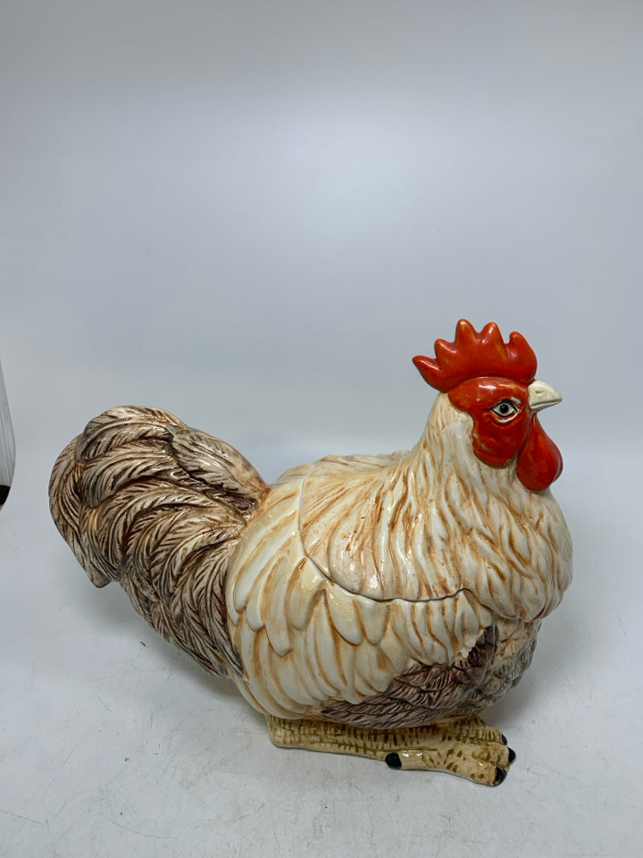 CERAMIC ROOSTER W/ CLUCKING NOISE MAKING LID COOKIE JAR.