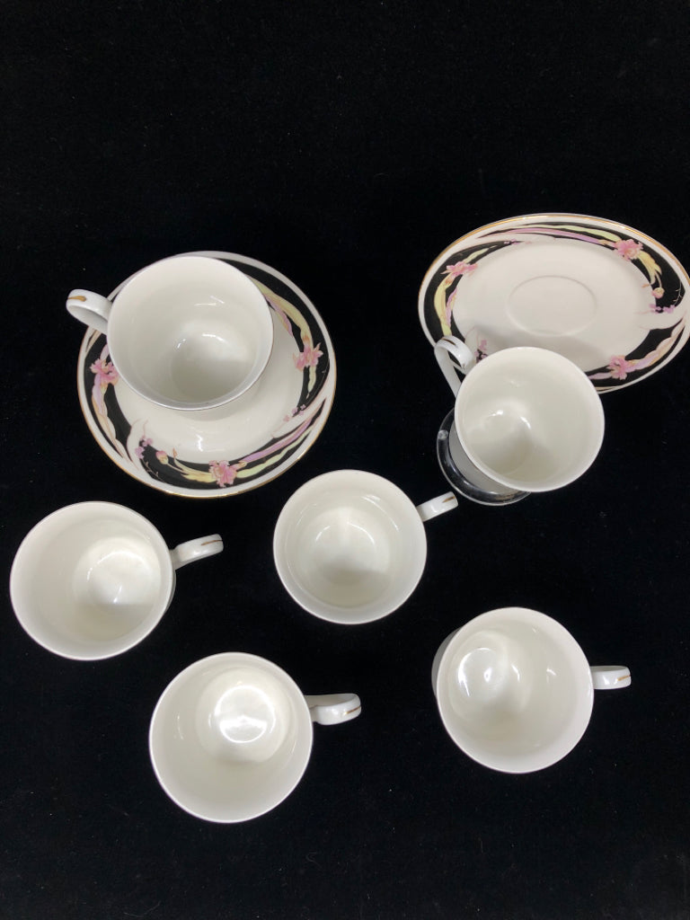 12 PC TEACUP AND SAUCER PINK/BLACK FLORAL.
