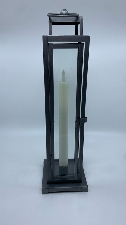 GREY METAL LAMP W/FAUX CANDLE.