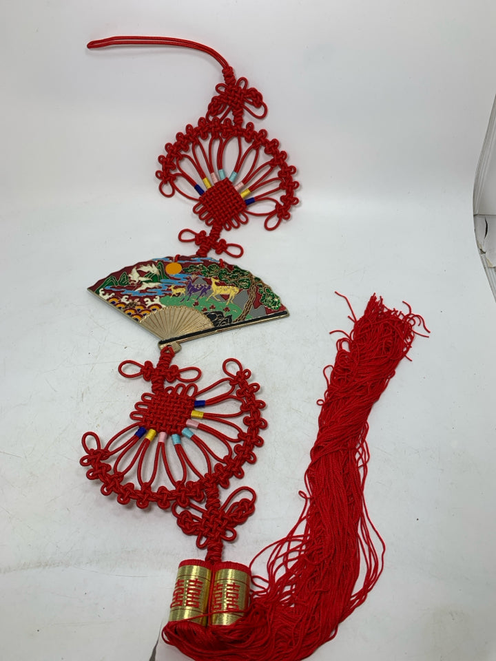 ASIAN STYLE METAL FAN W/ SCENE BRAIDED ROPE.