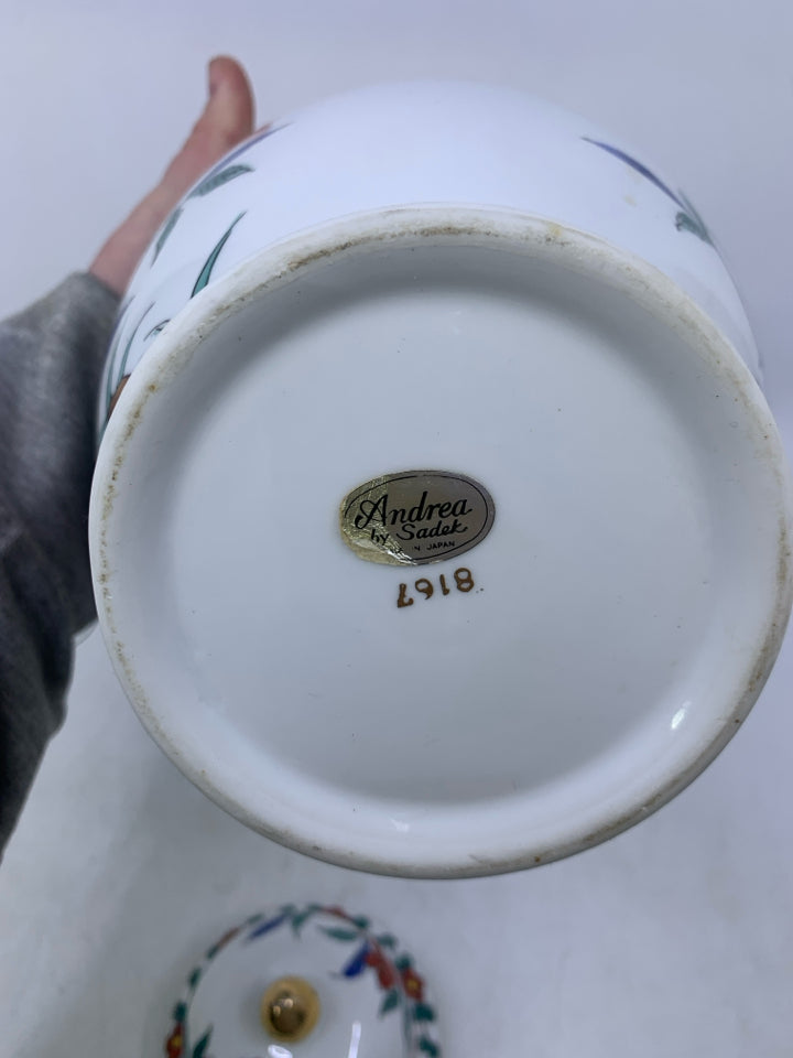 WHITE GINGER JAR W/ RED FLOWERS.