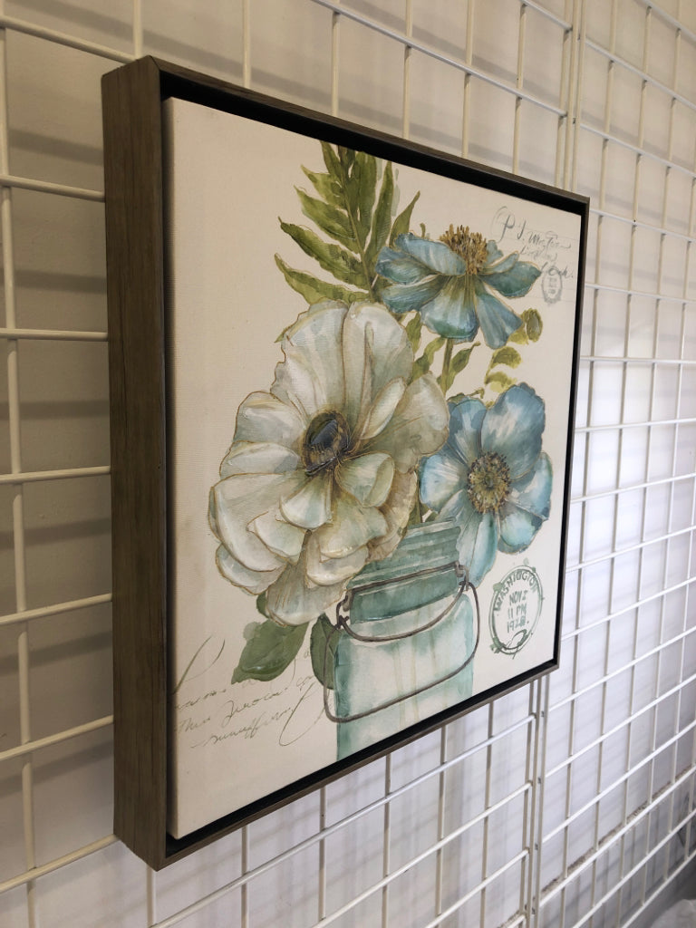 BLUE & GREEN FLOWER IN MASON JAR FRAMED CANVAS.