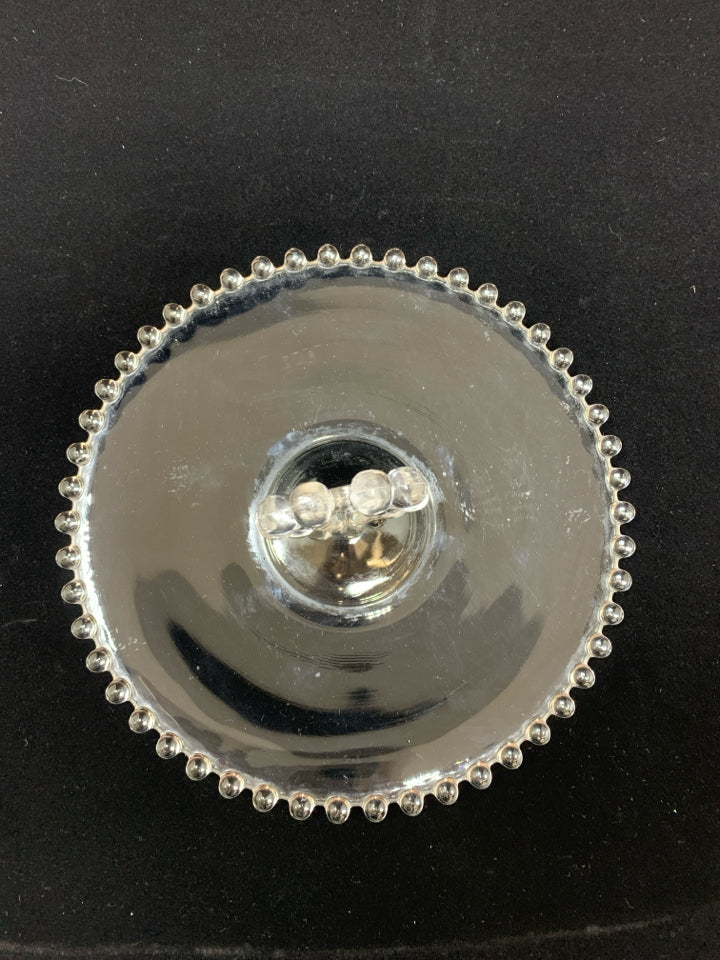 VTG CUT GLASS TRAY W/BEADED EDGE AND HEART HANDLE.