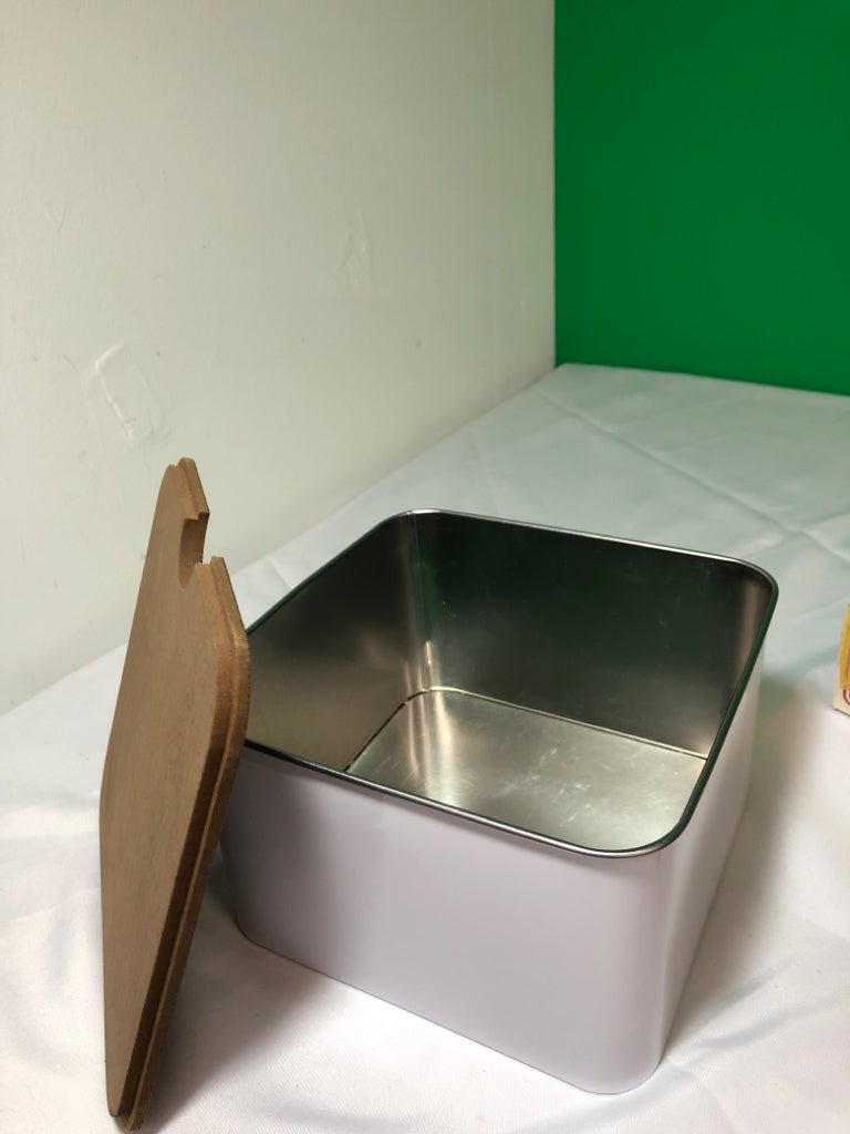 WHITE ENAMEL METAL CANISTER W WOOD LID.