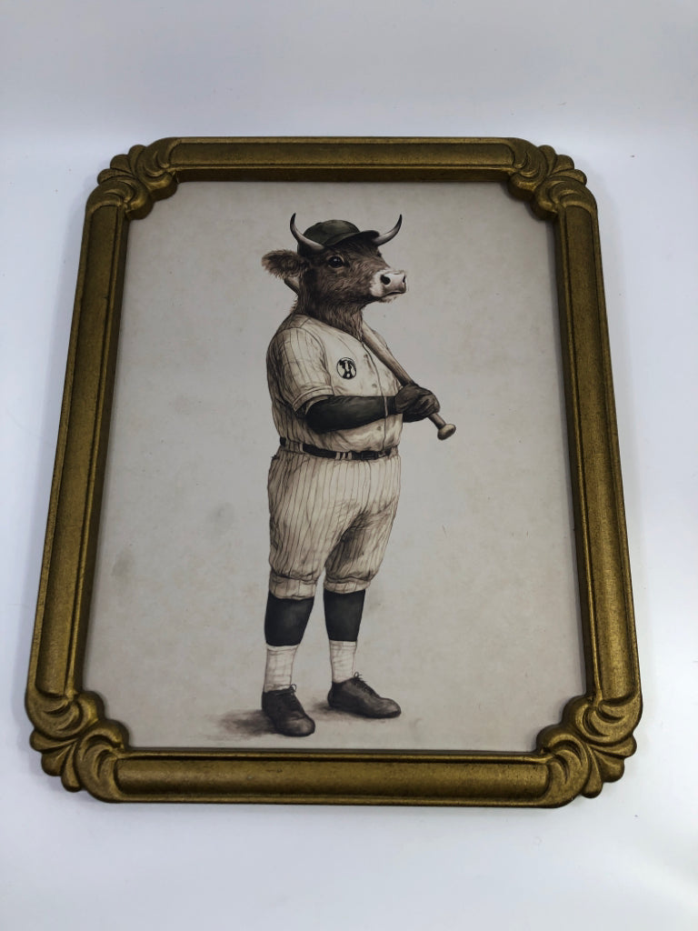 BASEBALL COW IN ORNATE FRAME.