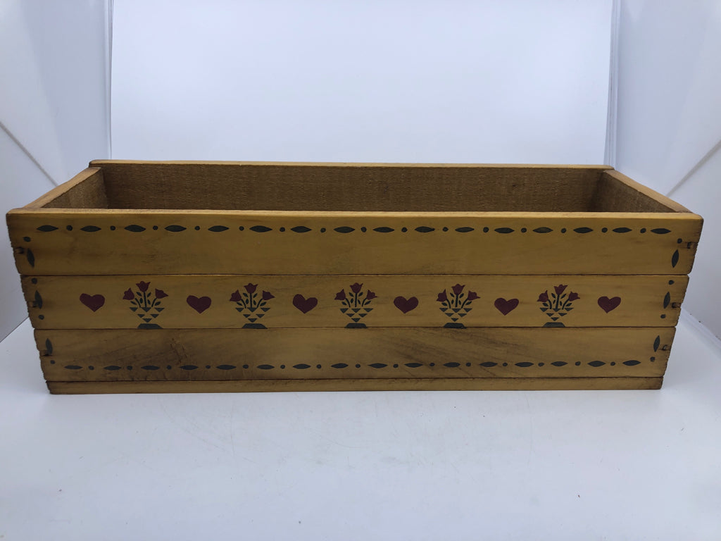 BLONDE WOOD RECTANGLE STOARGE W/ PAINTED RED TULIPS+HEARTS.