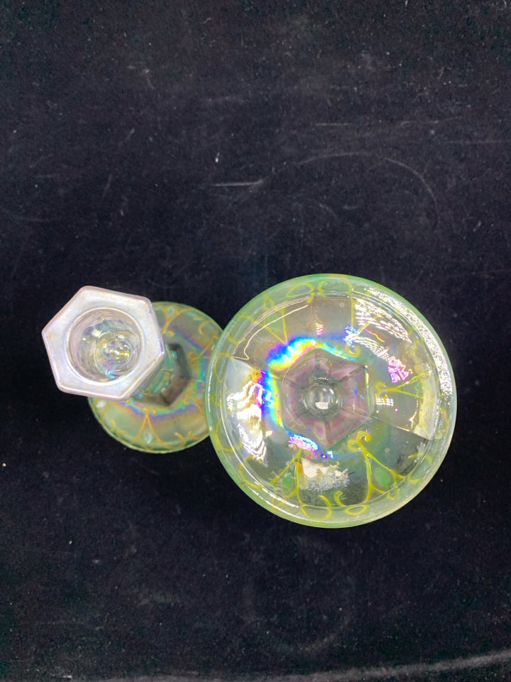 2 PASTEL COLORED GLASS CANDLE HOLDERS.