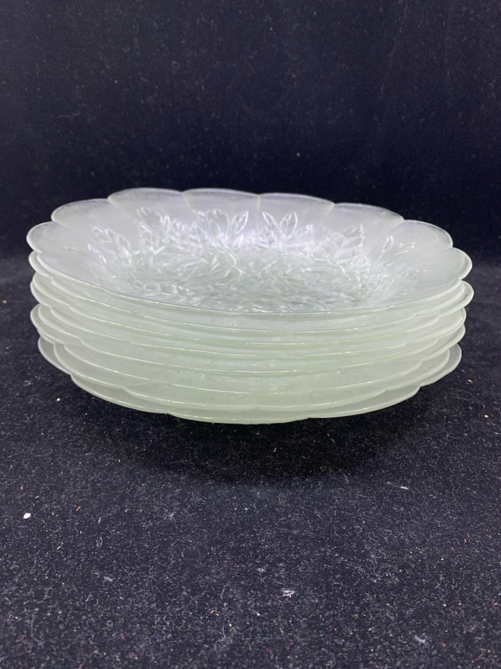 28 PC SVC 8 FROSTED ROSE PATTERNED GLASS DINNER PLATE, SERVING PLATE, BOWL, MUGS