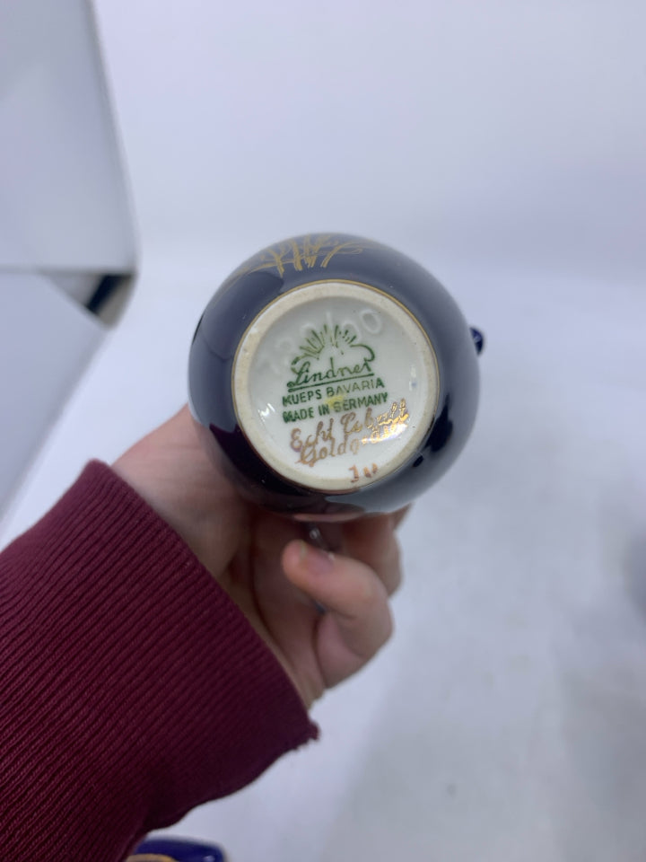 COBALT BLUE SMALL PITCHER VASE W/ GOLD FLOWERS.
