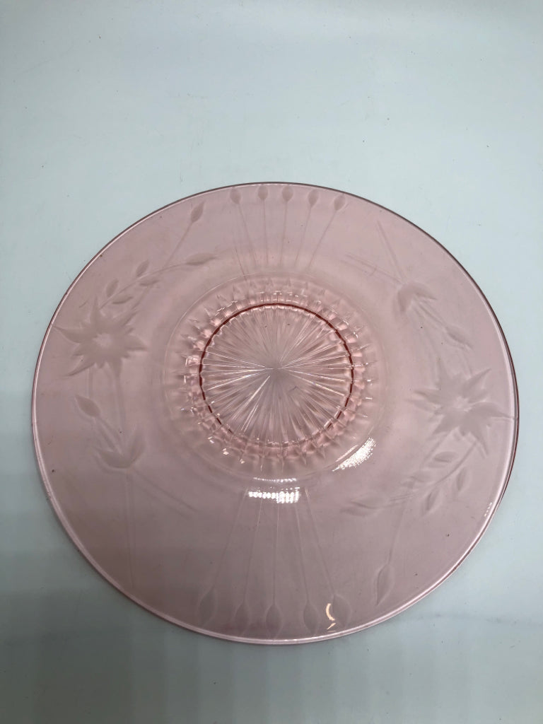 VTG PINK GLASS FLORAL ETCHED PLATE.