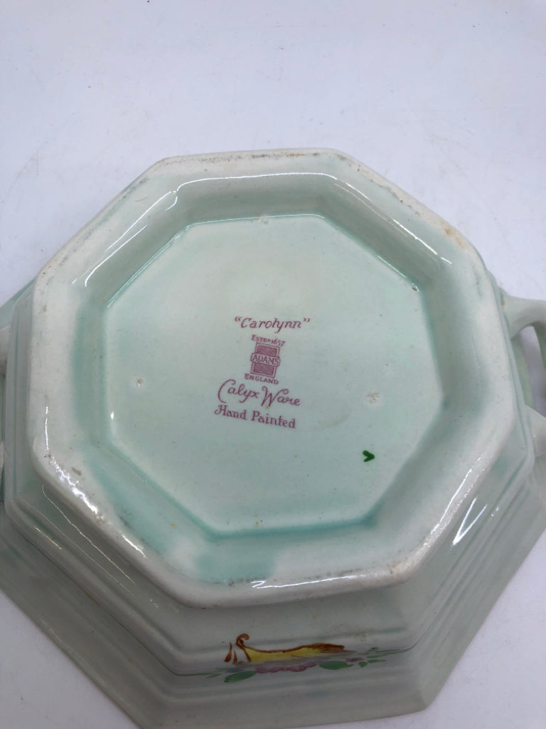 VTG GREEN W PINK FLORAL SERVING DISH W LID- CAYLX WARE.