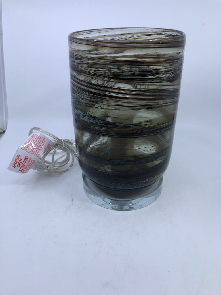 BROWN AND BLUE BLOWN GLASS LAMP.