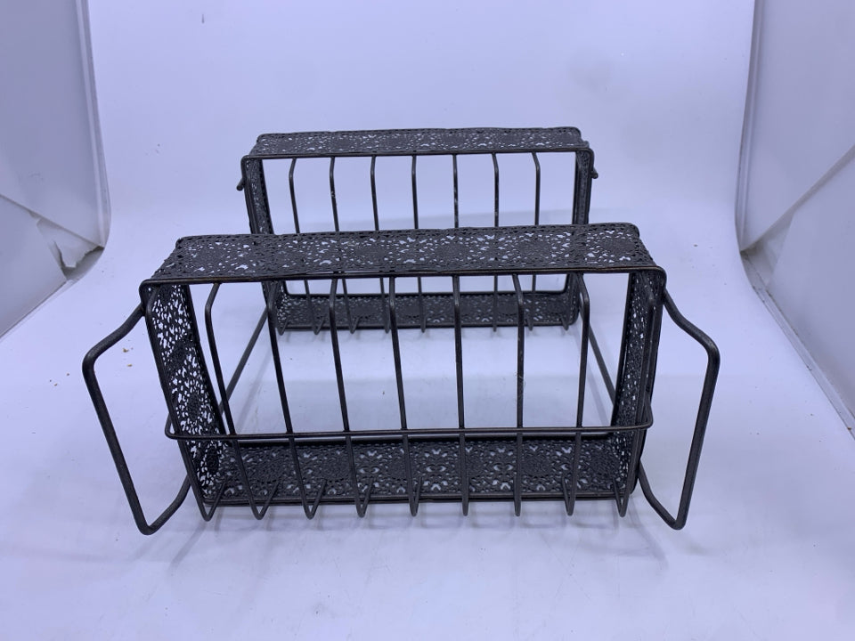 2 TIER GREY METAL STORAGE W/ LACE DETAILED BAND.
