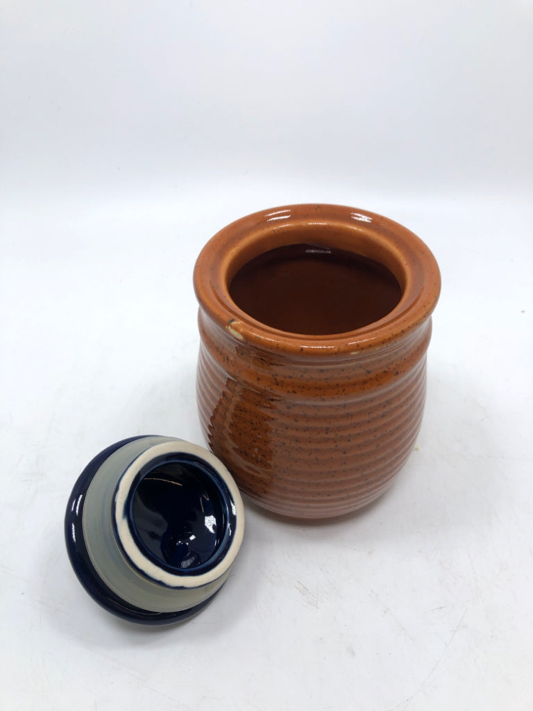 SPECKLED CERAMIC CANISTER W/BLUE LID.