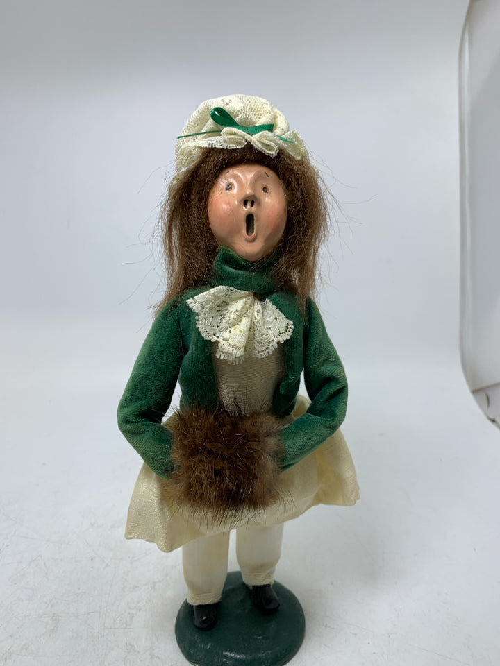 BYER'S CHOICE CAROLER GIRL W/ FUR MUFF GREEN COAT 1985.
