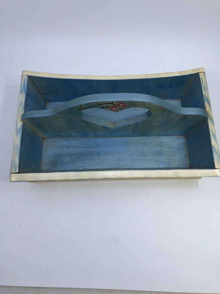 WOOD TWO SLOT TRAY, FLORAL PAINTED HEART CUTOUT HANDLE.