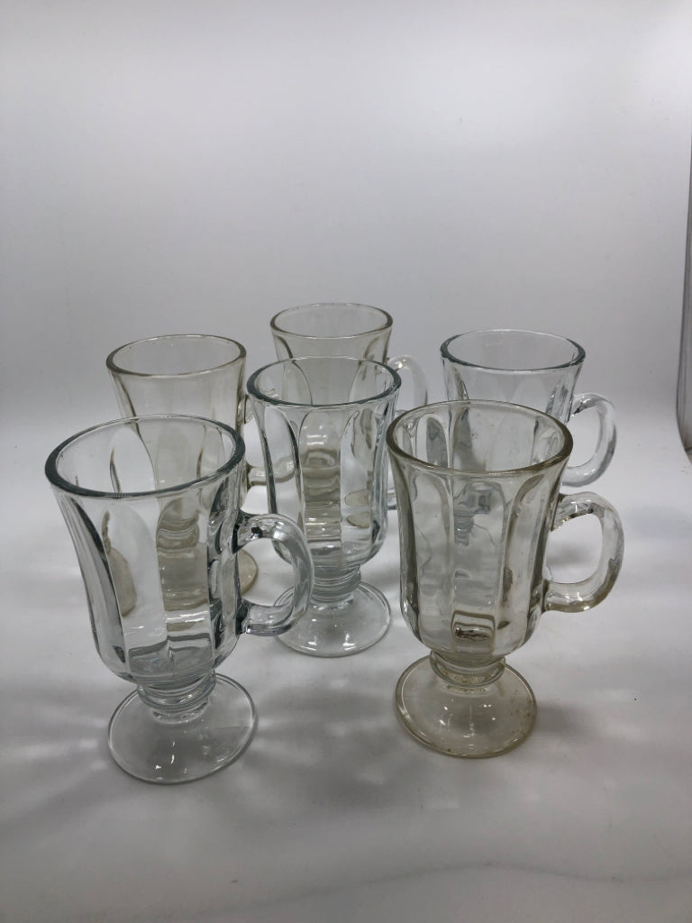 6 RIBBED IRISH COFFEE GLASSES W HANDLES.