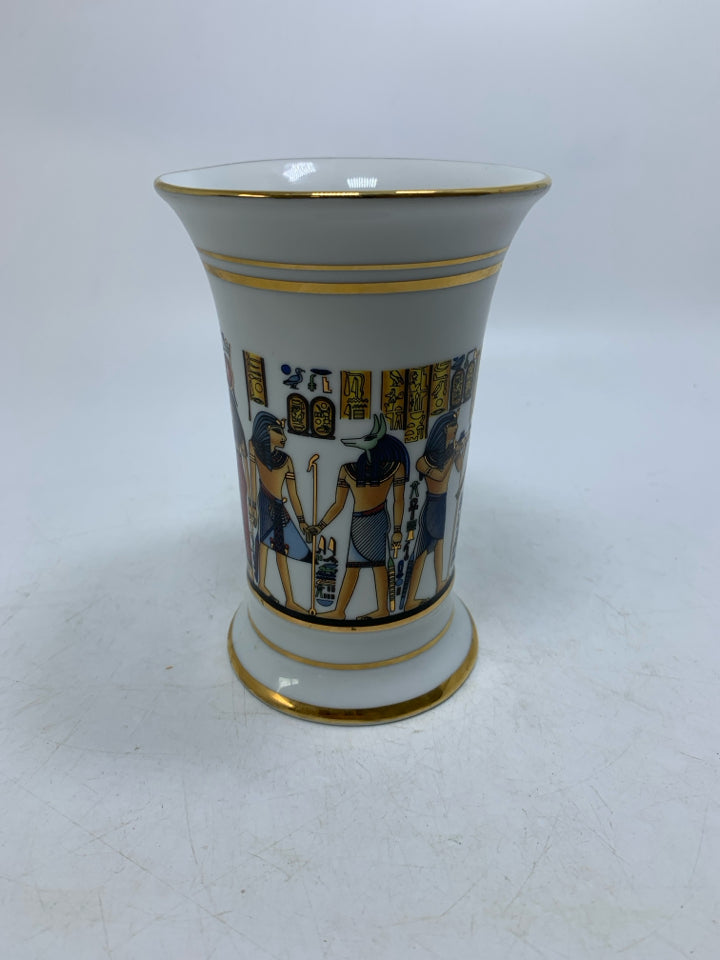 SHEENI EGYPTIAN FINE PORCELAIN GOLD RIM PHARAOH CLEOPATRA VASE.