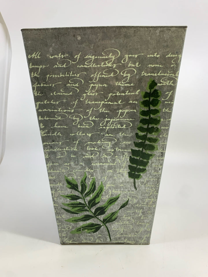 SCRIPT-STYLE SQUARE TIN PLANTER W/PAINTED LEAVES.