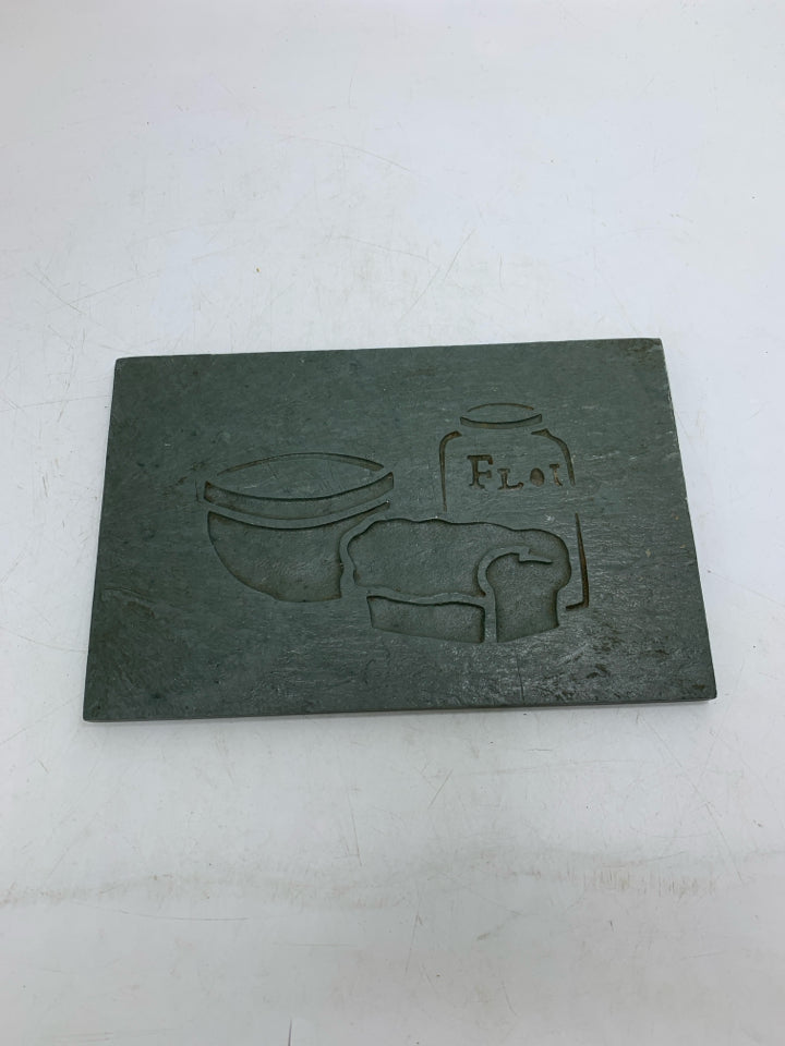 GREEN SLAB W/ CARVED BOWL BREAD FLOWER TRIVET/BREAD STONE.