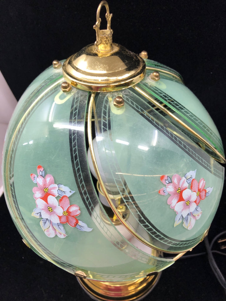 GOLD/BLUE GLASS TOUCH LAMP WITH FLOWERS.