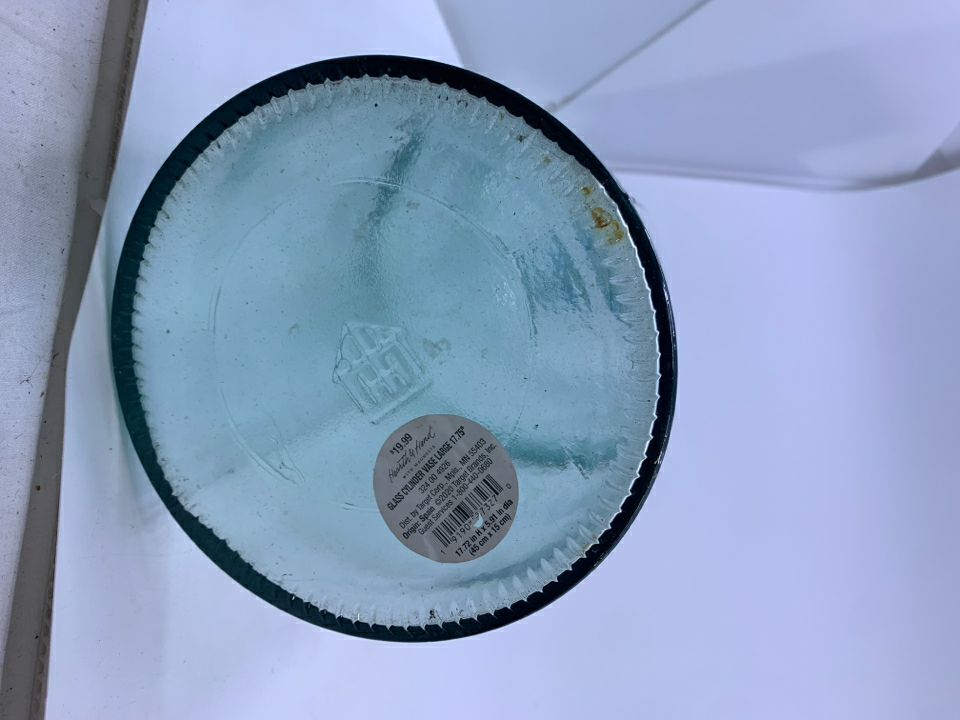 LARGE BLUE GLASS FLOOR VASE.
