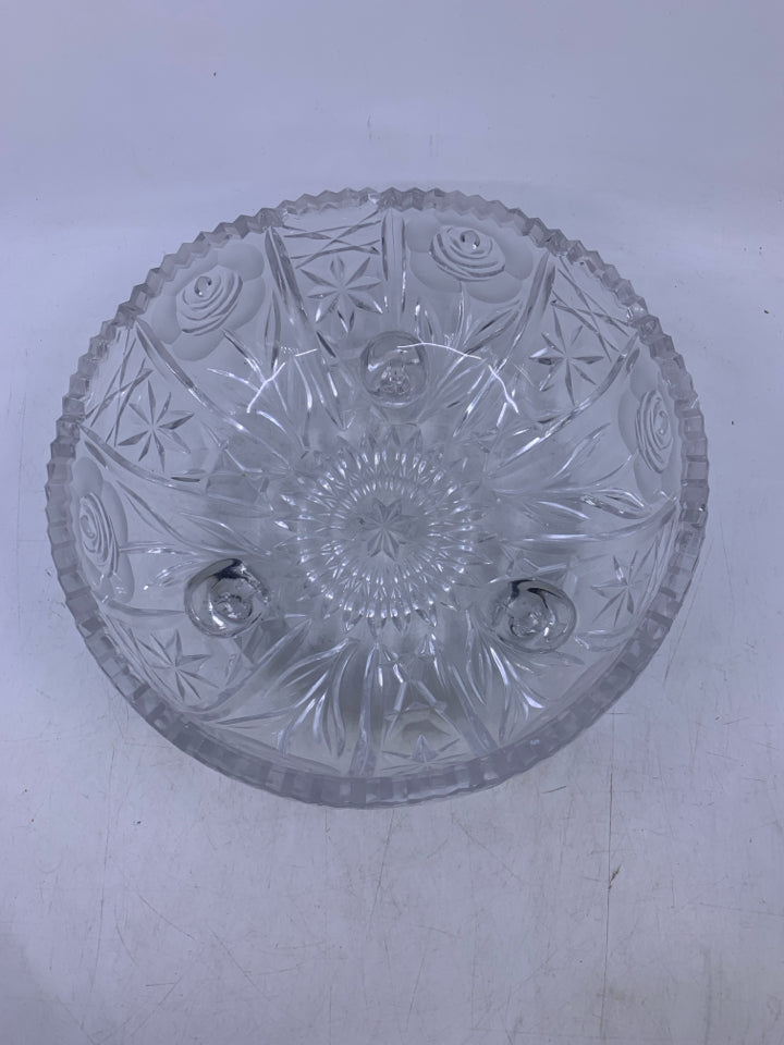 HEAVY CRYSTAL FOOTED BOWL W/ FROSTED ROSES SAWTOOTH EDGE.