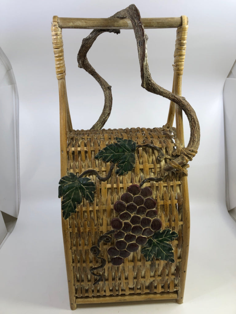 BASKET WEAVE WINE RACK W/GRAPE VINE DETAIL.