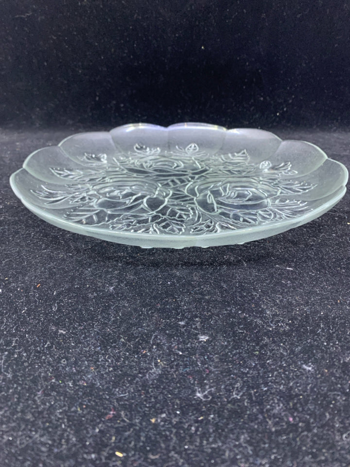 28 PC SVC 8 FROSTED ROSE PATTERNED GLASS DINNER PLATE, SERVING PLATE, BOWL, MUGS
