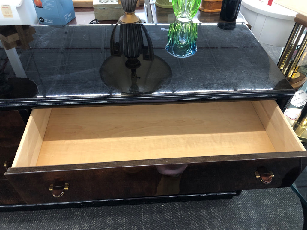 VTG BLACK W/BROWN BURLWOOD DRESSER W/ 6 DRAWERS.