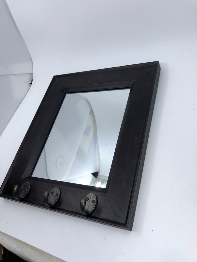 SMALL ESPRESSO WOOD MIRROR W 3 HOOKS.