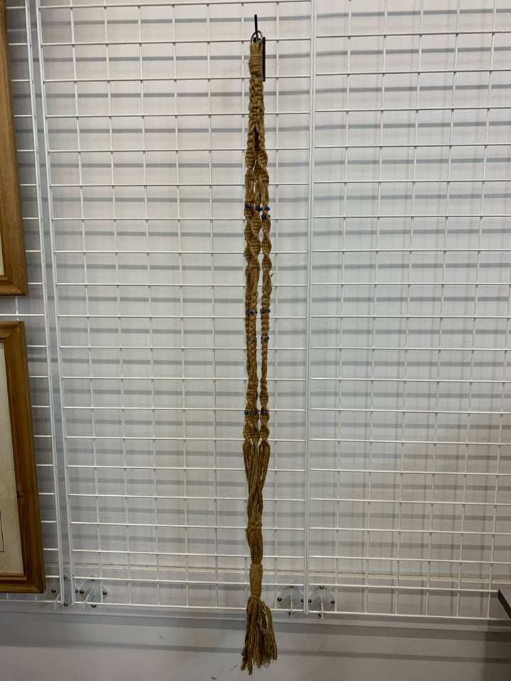 BRAIDED PLANT HANGER W/ BLUE BEADS.