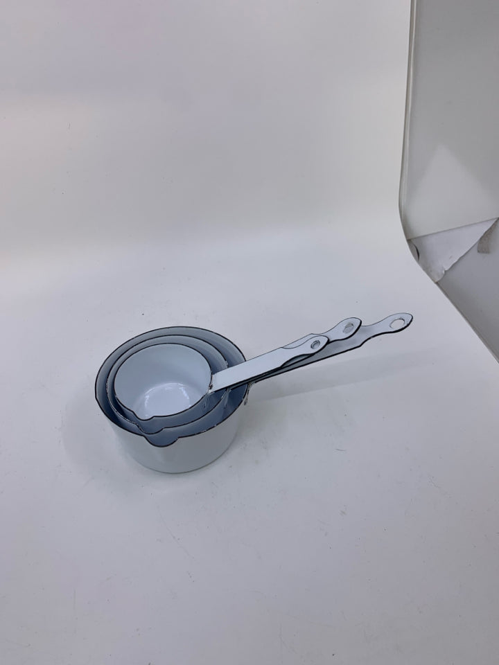 3 HEAVY NESTING ENAMEL WHITE SAUCE PANS.