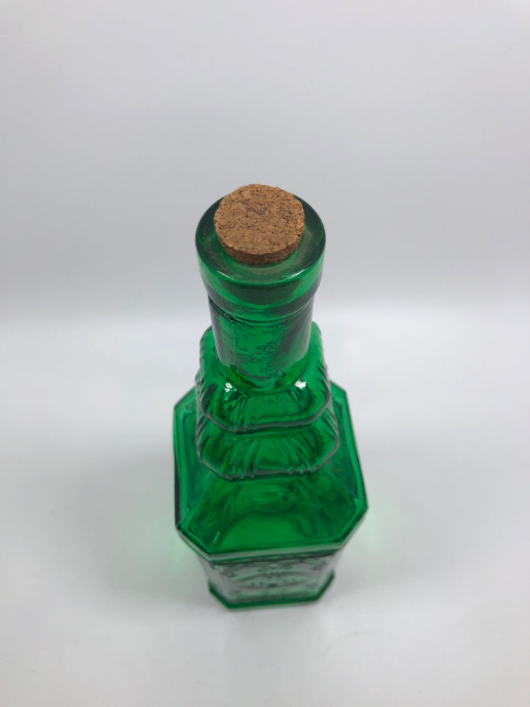 TALL EMERALD GLASS DECORATIVE BOTTLE W/CORK.