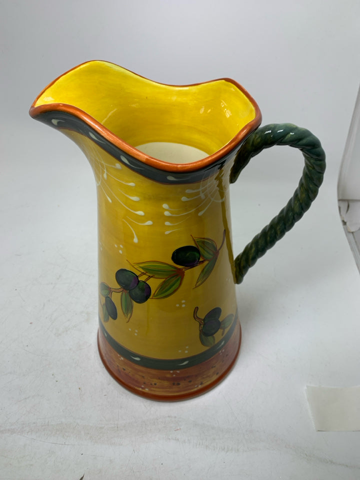 LARGE OLIVE W/ BRANCHES GREEN TWISTED HANDLE PITCHER.
