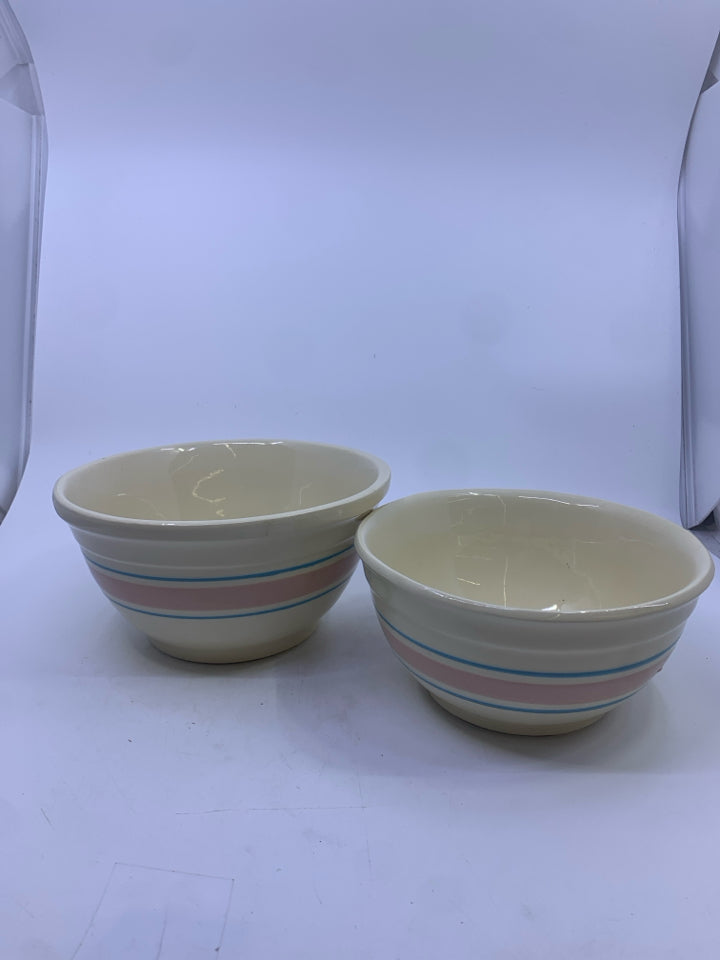 2 VTG OVENPROOF CREAM W/ PINK + BLUE STRIPE BOWLS.