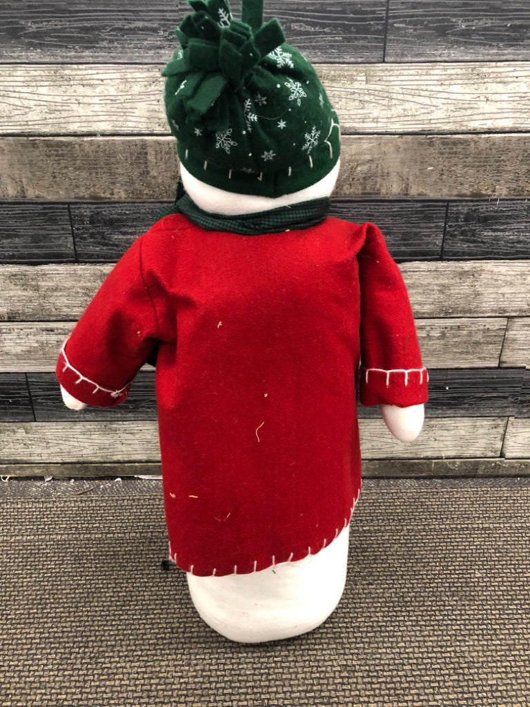TALL PLUSH SNOWMAN DOOR HOLDER RED COAT GREEN SCARF & HAT.