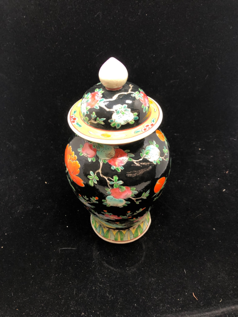 VTG JAPANESE FLORAL BLACK CANISTER W/LID.