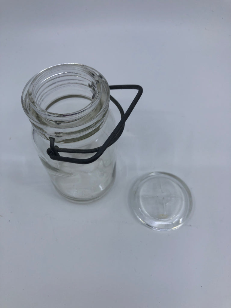 GLASS EMPTY JAR W METAL CLASP.