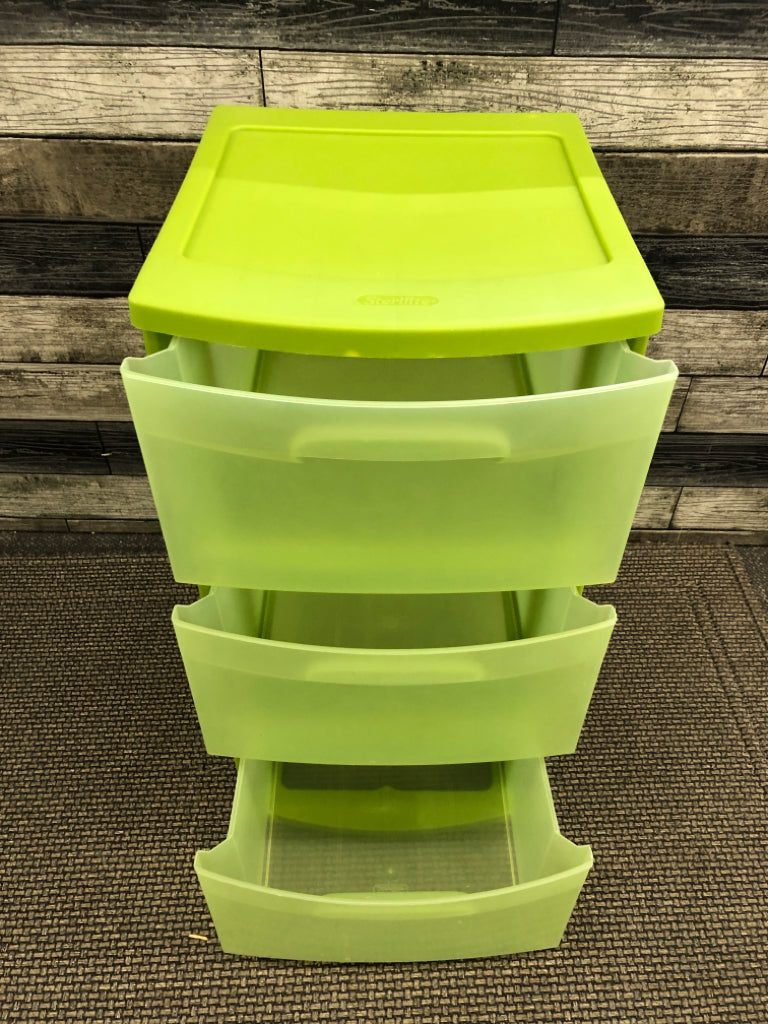 GREEN STERILITE PLASTIC 3 DRAWER STORAGE.