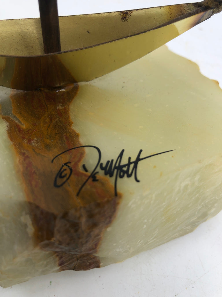 VTG BRASS SAIL BOAT ON ROCK SLAB SIGNED DEMOTT.