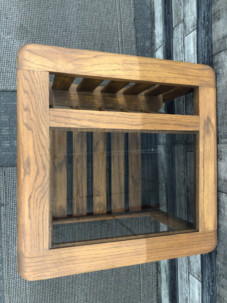 DARK STAINED WOOD SIDE TABLE W/ BUILT IN MAG RACK BLACK GLASS INSERT MERSMAN.
