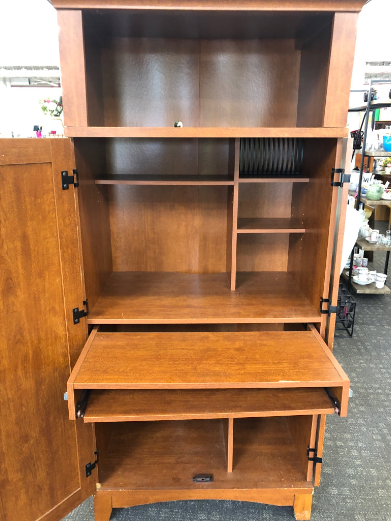 ARMOIRE DESK W OPEN SHELVES, PULL OUT KEYBOARD- LOCKS.