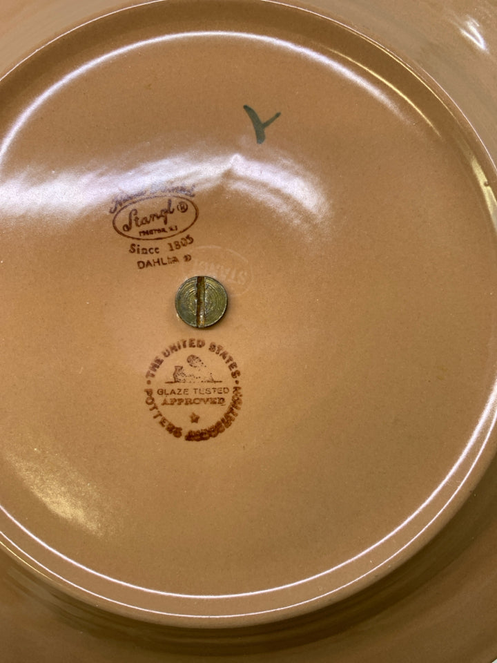 POTTERY SERVING PLATE W/ METAL HANDLE BLUE FLOWERS.