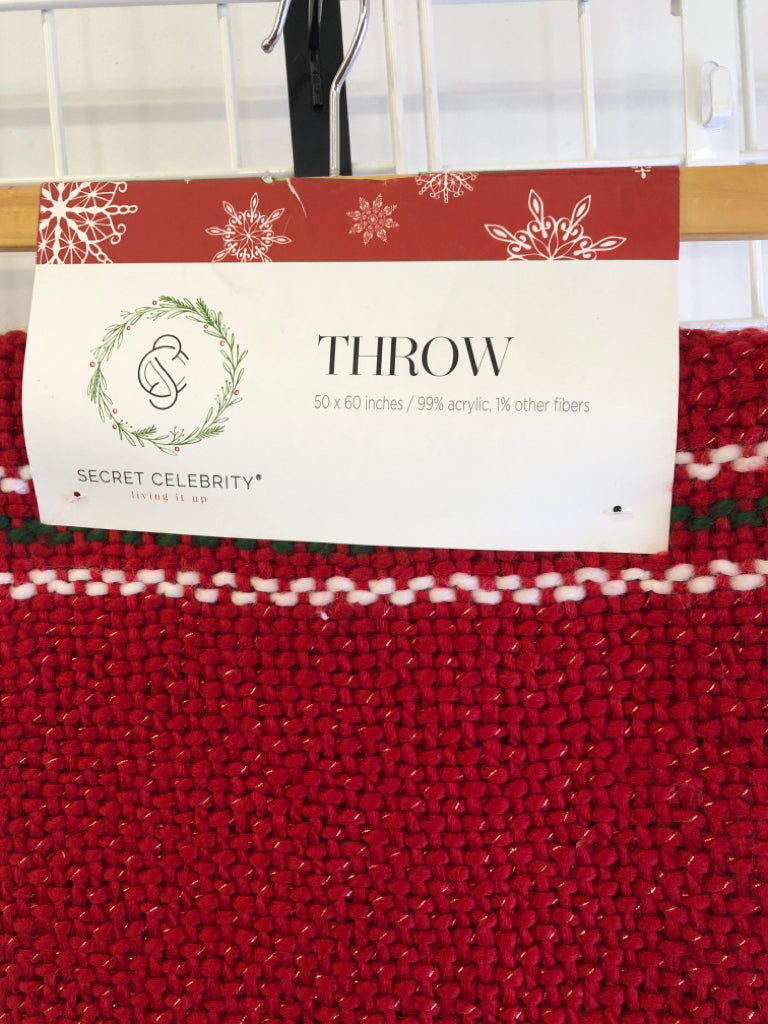 NEW RED CROCHET THROW GREEN, WHITE STRIPE.