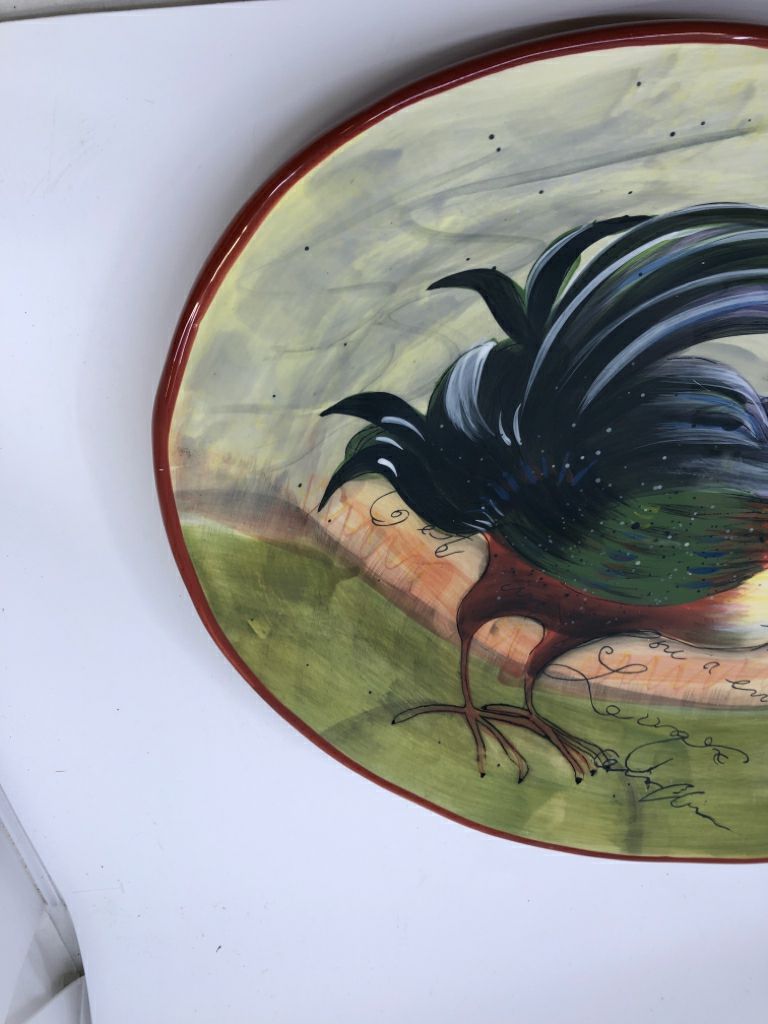 ROOSTER PAINTED OVAL SERVING PLATE.
