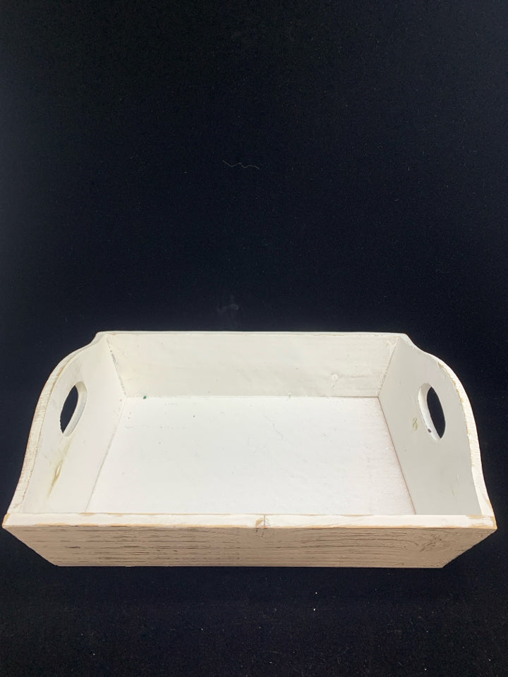 DISTRESSED WHITE WOODEN TRAY W/HANDLES.