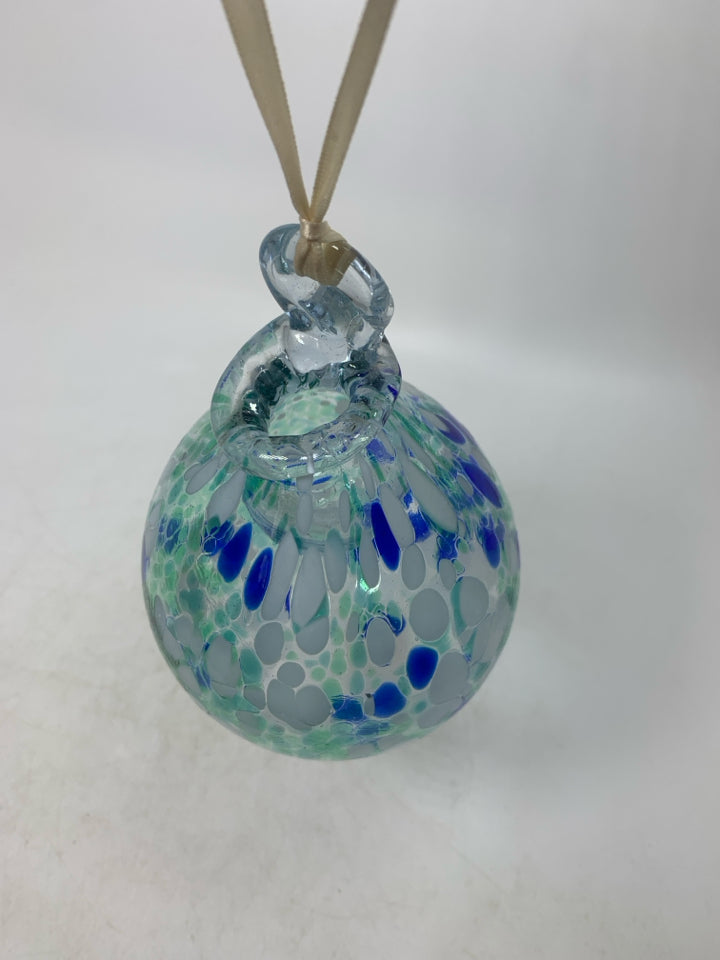 GREEN BLUE WHITE BLOWN GLASS HANGING TEAR DROP ORB.
