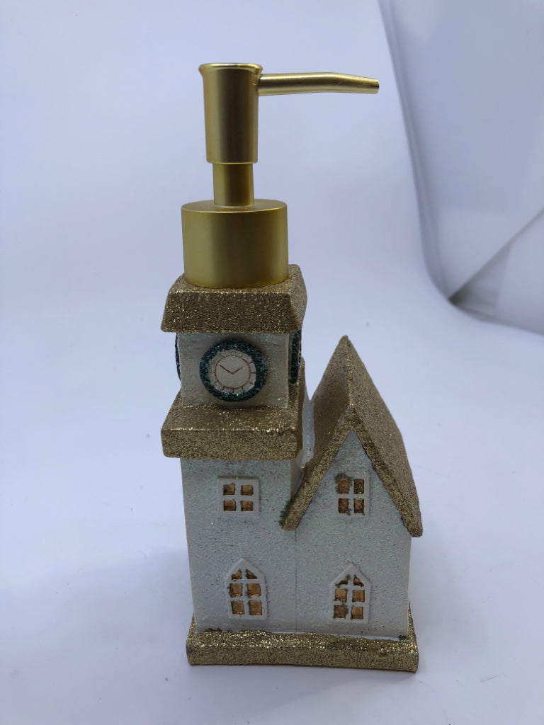 GOLD AND WHITE GLITTER COTTAGE SOAP DISPENSER.