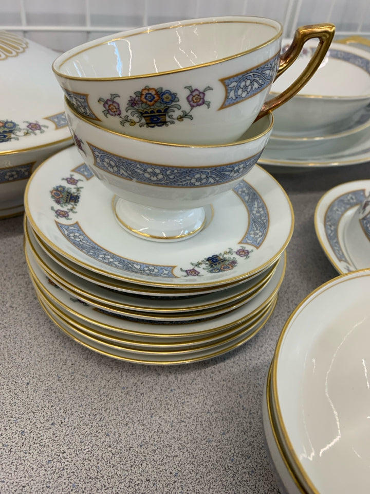 39PC BLUE BAND FLOWER BASKET CHINA SET SERVICE FOR 4.